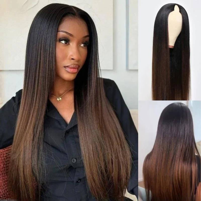 Bogo Flash Sale| Pre Everything Long Curly Hair 13x4 Lace Frontal Wig + Yaki Straight Chestnut Brown Ombre Color New V Part Wig - Image 7