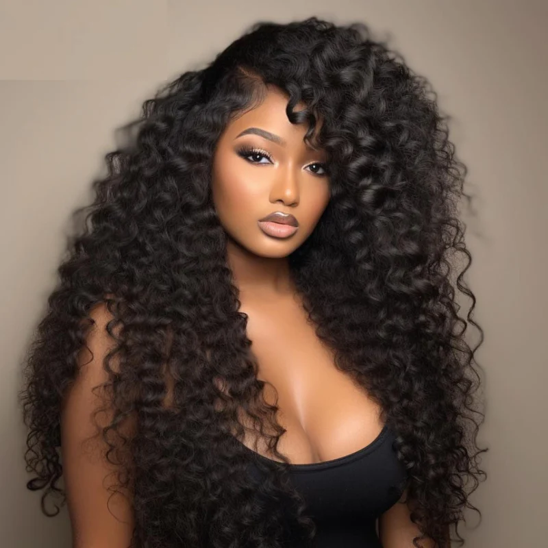 Bouncy Deep Wave Glueless Lace Wig Pre Cut Lace with Natural Hairline Clear Transparent Lace Front/Closure Natural Black Human Hair Wig - Amanda Hair - Image 3