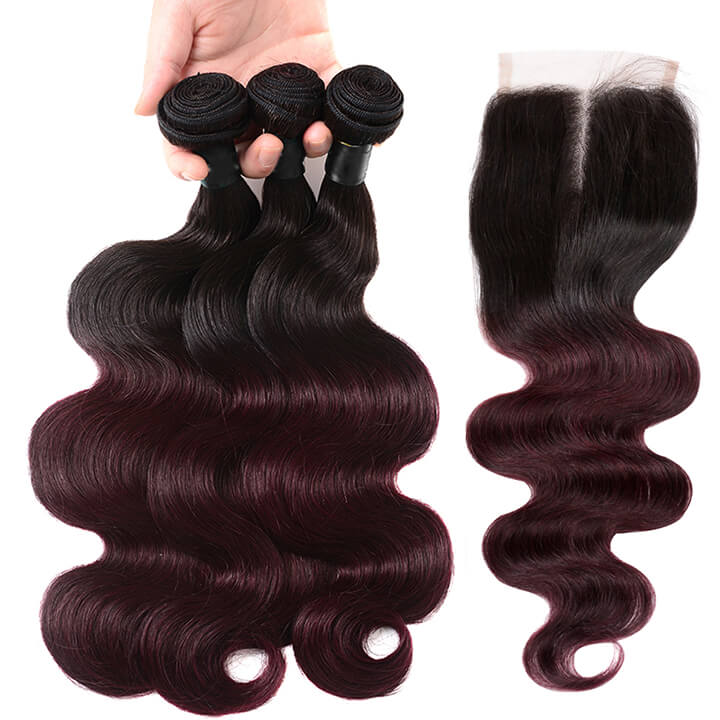 Brazilian Body Wave Hair Bundles With Closure Ombre Burgundy 100% Real Human Hair Extensions