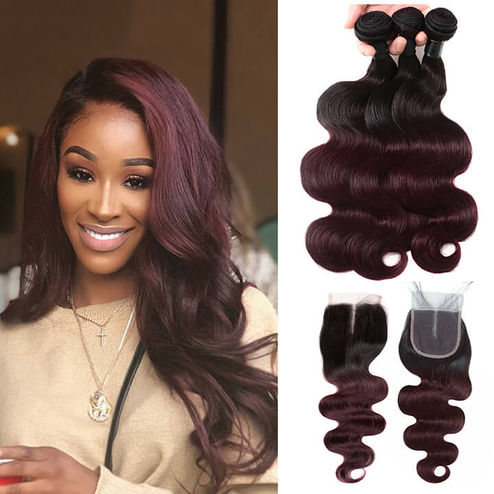 Brazilian Body Wave Hair Bundles With Closure Ombre Burgundy 100% Real Human Hair Extensions - Image 4