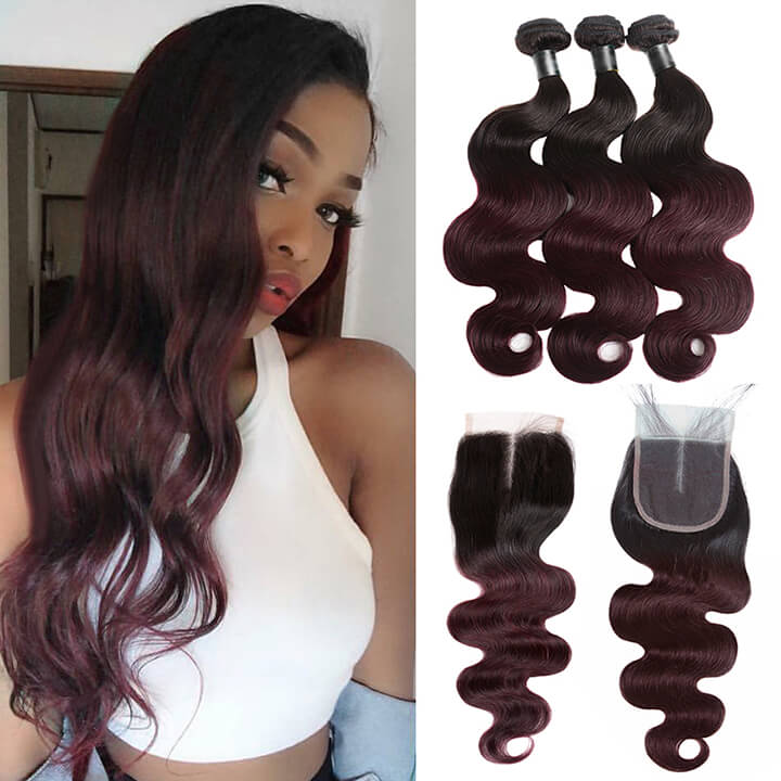 Brazilian Body Wave Hair Bundles With Closure Ombre Burgundy 100% Real Human Hair Extensions - Image 5
