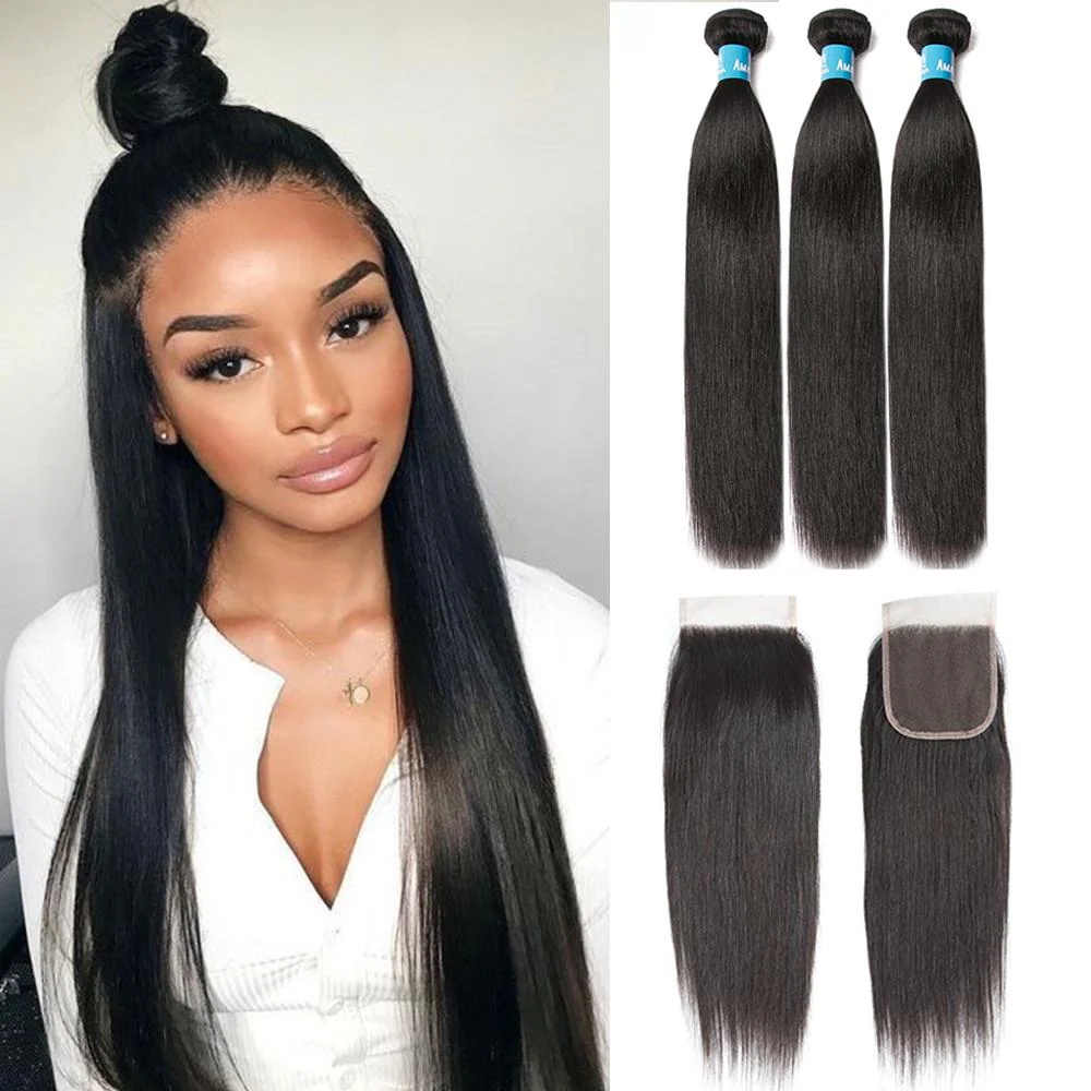 Brazilian Straight Hair 3 Bundles With 4*4 Lace Closure 9A Grade 100% Unprocessed Human Hair No Tangles - Amanda Hair