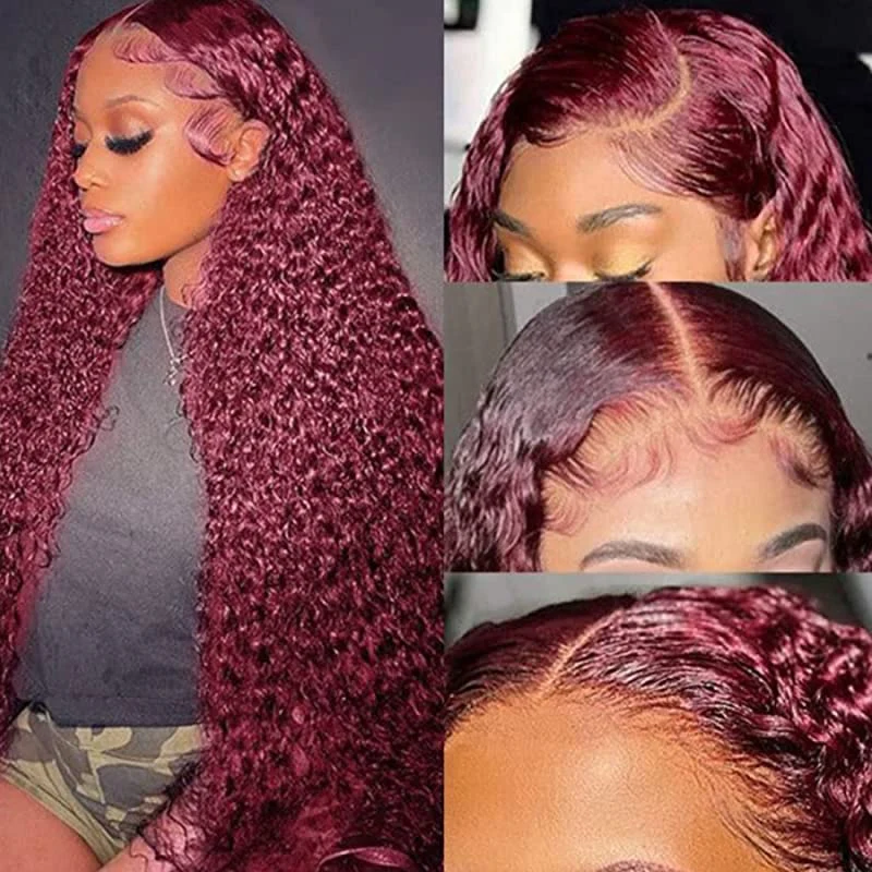 99J Burgundy Lace Front Wig Curly Colored HD Transparent Lace Human Hair Wigs Flash Sale - Amanda Hair