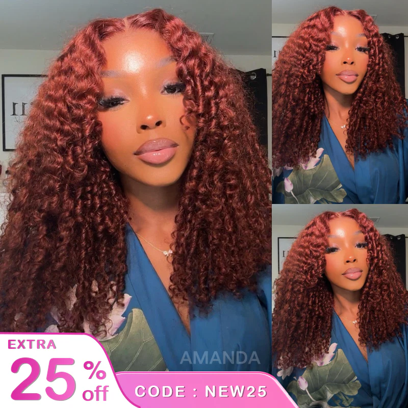 Burmese Curly Reddish Brown HD Tranparent Lace Jerry Curly Glueless Wigs 180% Density-Amanda Hair