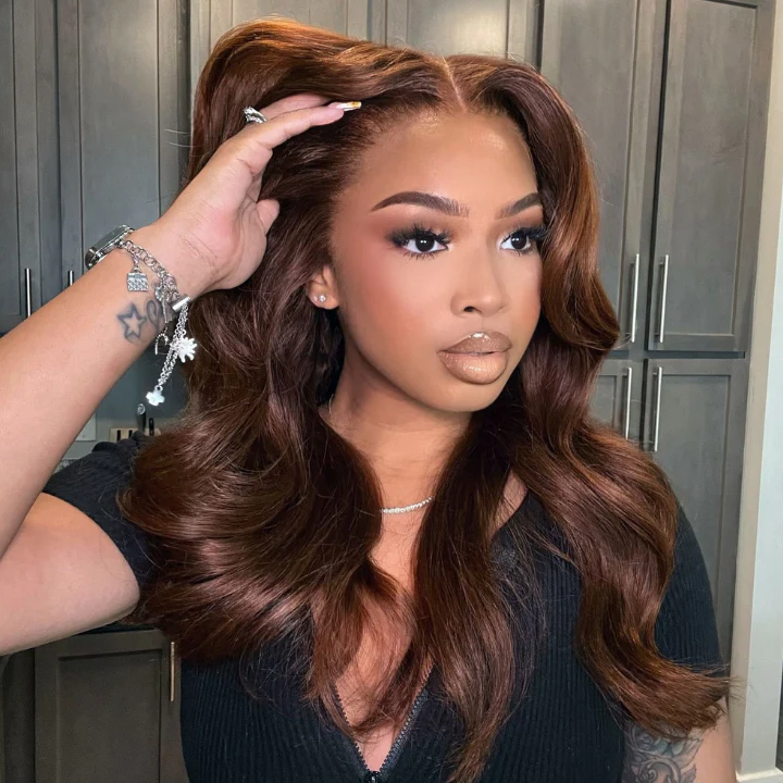 Chestnut Brown Loose Wave Human Hair Wigs with Curtain Bangs Glueless Lace Front Colored Wig - Amanda Hair - Image 3