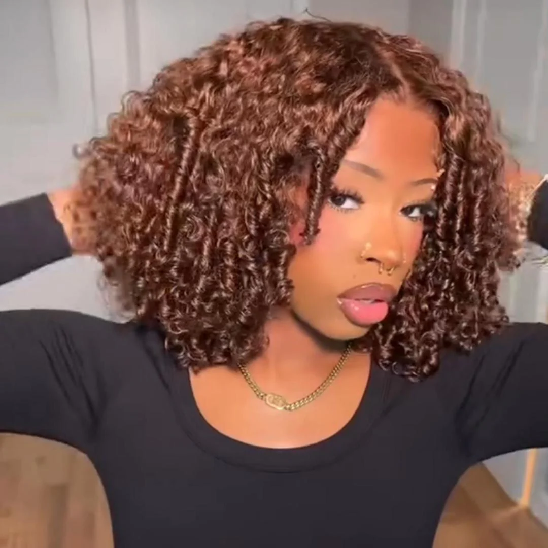 Chocolate Brown Bold Afro Curly Bob Hairstyle 7x5 / 13x4 Full Lace Front Colored Wig Human Hair 180% Density - Amanda Hair - Image 2