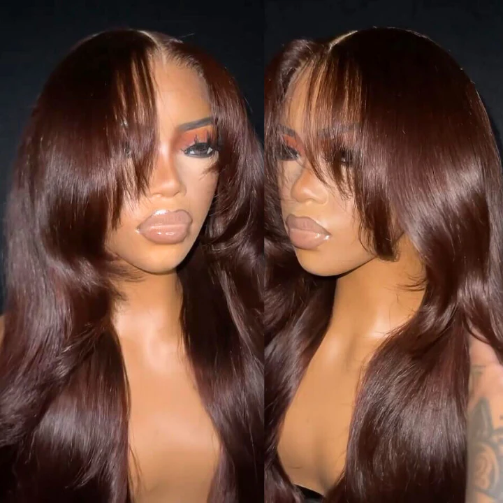 Dark Reddish Brown Glueless Body Wave Natural Curtain Bangs HD Transparent Lace Front Wigs For Women-Amanda Hair - Image 2
