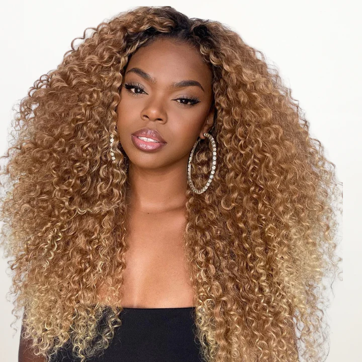 Outre Dominican Curly Dark Root Highlight Blonde 13x4 Lace Wigs Deep Bouncy Curly Lace Front Wigs Human Hair Undetectable Clear Transparent