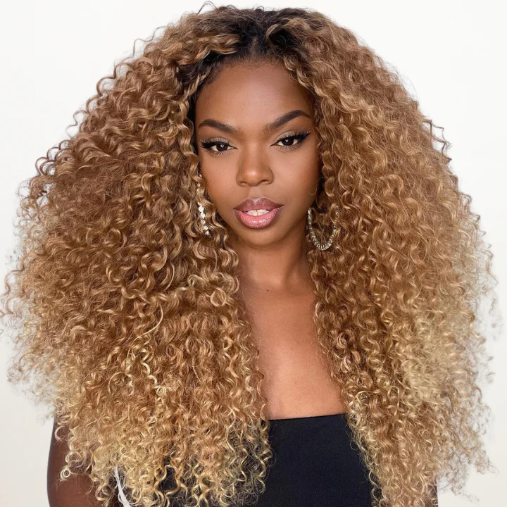 Outre Dominican Curly Dark Root Highlight Blonde 13x4 Lace Wigs Deep Bouncy Curly Lace Front Wigs Human Hair Undetectable Clear Transparent - Image 2