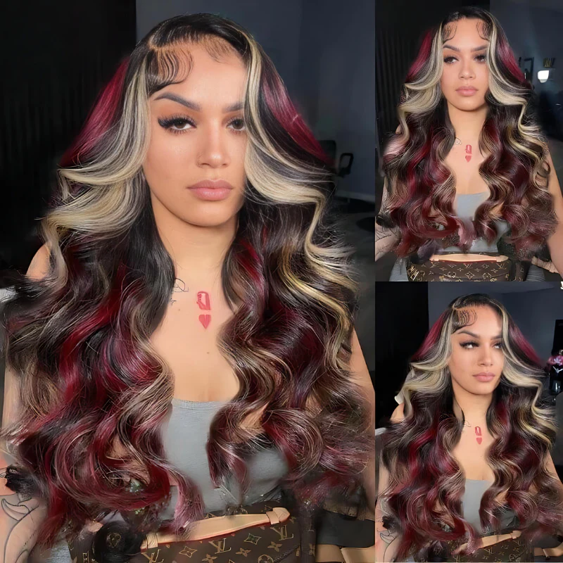 Glueless Loose Wave Black with Red & Blonde Highlight 13x4 Lace Front Multi Burgundy Color Human Hair Wig
