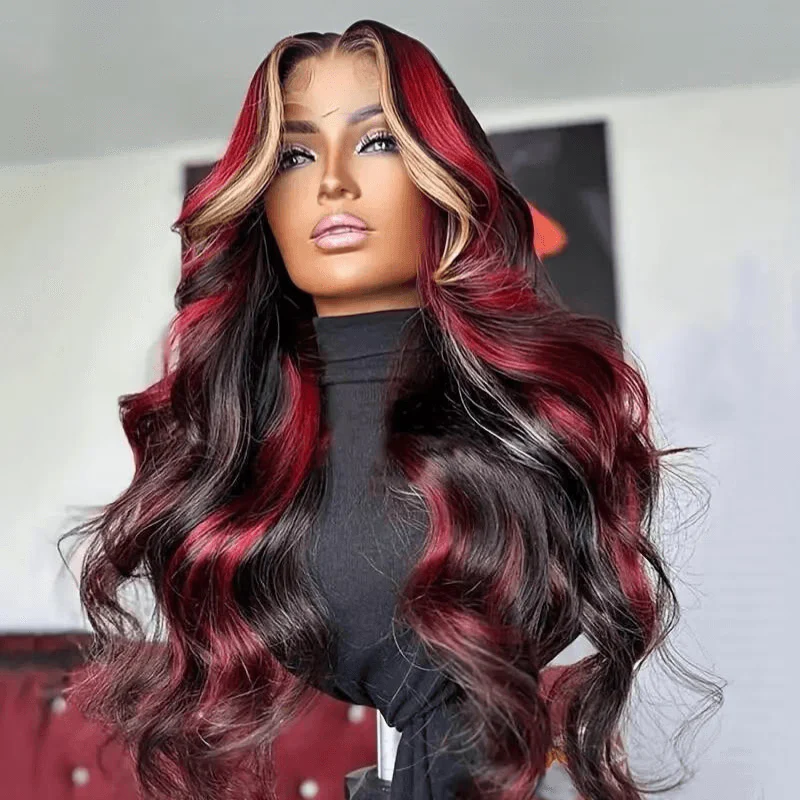 Glueless Loose Wave Black with Red & Blonde Highlight 13x4 Lace Front Multi Burgundy Color Human Hair Wig - Image 2