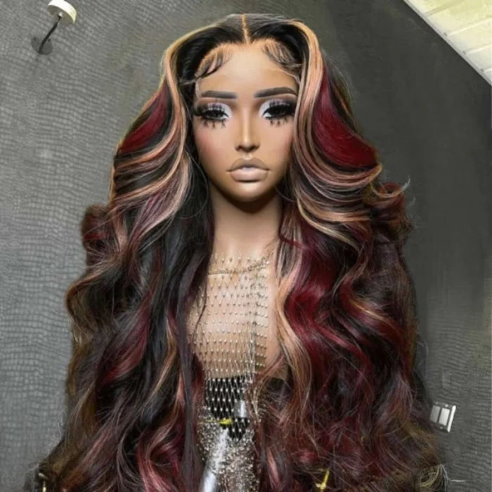 Glueless Loose Wave Black with Red & Blonde Highlight 13x4 Lace Front Multi Burgundy Color Human Hair Wig - Image 3