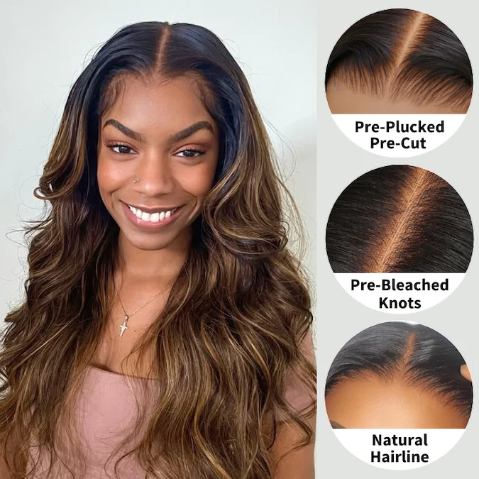 Extra 50% Off | Put On & Go Glueless 3D Body Wave Highlight Balayage Brown Invisible Drawstring 7*5/13*4 Lace Front Wig - Image 5