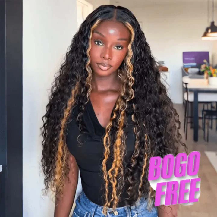 Buy 1 Get 1 Free Blonde Highlights Luxurious Deep Curly Wave Glueless Put On & Go HD Lace Front Wig