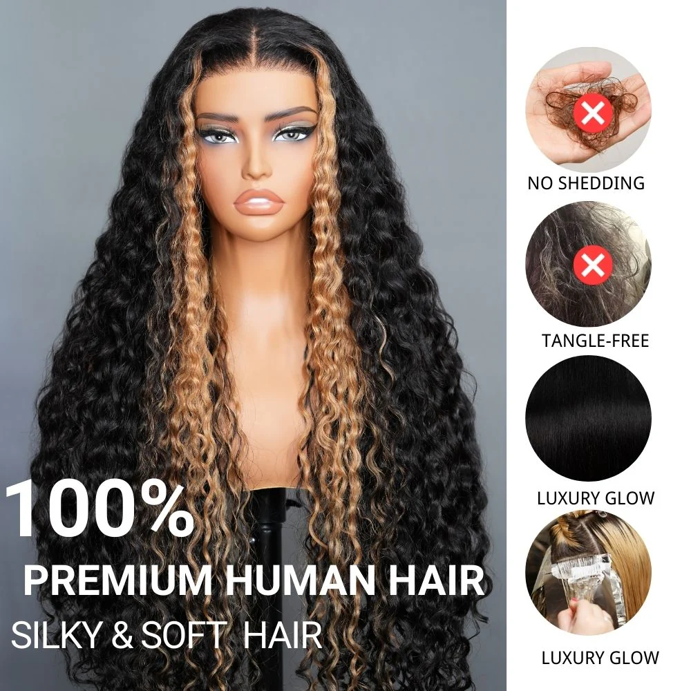 Buy 1 Get 1 Free Blonde Highlights Luxurious Deep Curly Wave Glueless Put On & Go HD Lace Front Wig - Image 5