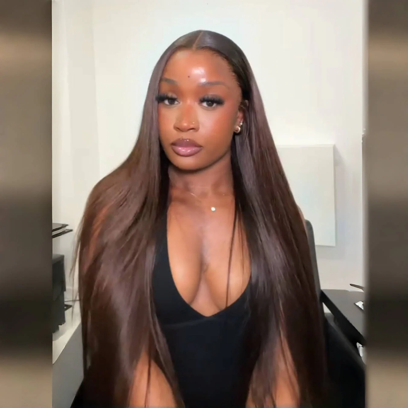 Chocolate Brown Full Density Glueless Lace Front Colored Straight / Loose Wave Human Hair Wig - Image 3
