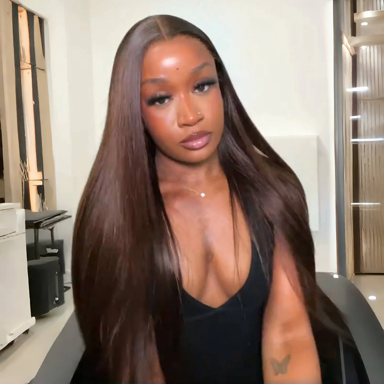 Chocolate Brown Full Density Glueless Lace Front Colored Straight / Loose Wave Human Hair Wig - Image 5