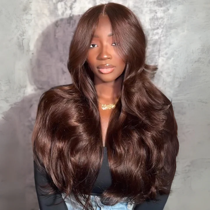 Chocolate Brown Full Density Glueless Lace Front Colored Straight / Loose Wave Human Hair Wig