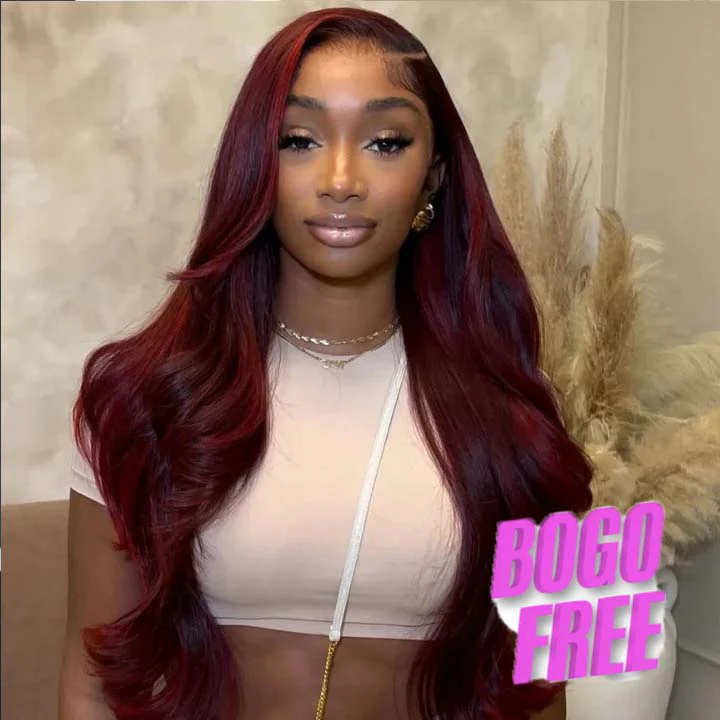 Buy 1 Get 1 Free Dark 99J Burgundy Red Colored Body Wave Pre Plucked Glueless HD Lace Frontal Wig
