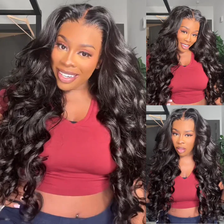 Buy 1 Get 1 Free Glueless Loose Wave Lace Front Wigs with Curtain Bangs 180%/250% Density - Image 3