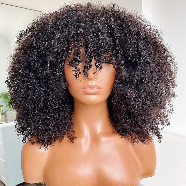 Glueless Full Afro Kinky Curly Wig Double Drawn 4B 3C Human Hair Wigs With Bangs Wear & Go Install - Image 2