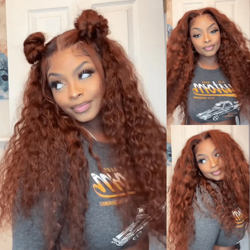 Buy 1 Get 1 Free Glueless Water Wave Reddish Brown 7x5 Lace / 13x4 Lace Front Wigs Dark Auburn Colored Human Hair Wig - Image 3