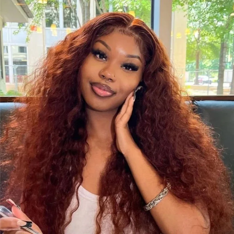Buy 1 Get 1 Free Glueless Water Wave Reddish Brown 7x5 Lace / 13x4 Lace Front Wigs Dark Auburn Colored Human Hair Wig - Image 4