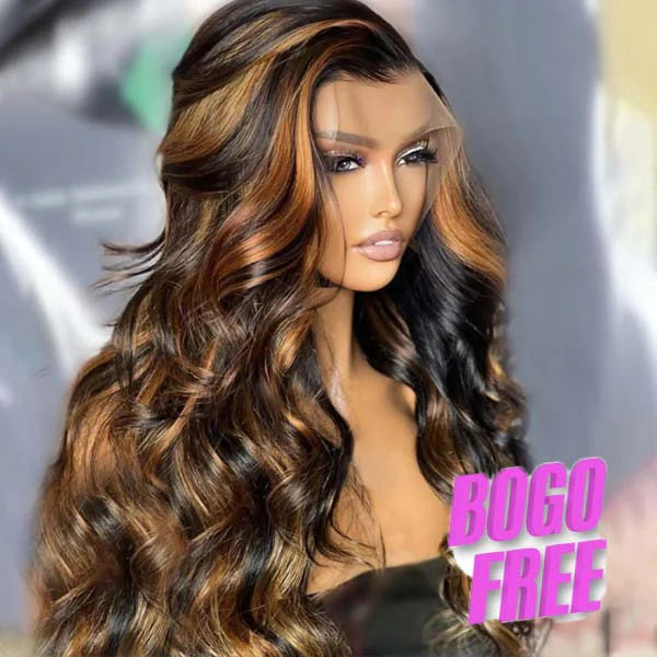 Buy 1 Get 1 Free Highlight Blonde Mix Brown Glueless Body Wave Human Hair Lace Front Wig