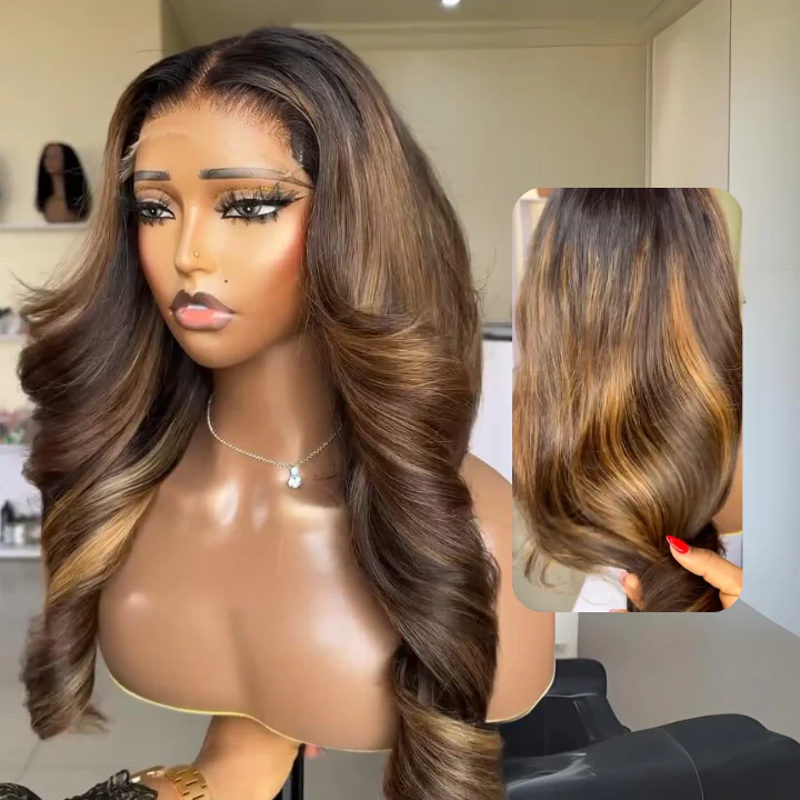 Buy 1 Get 1 Free Highlight Blonde Mix Brown Glueless Body Wave Human Hair Lace Front Wig - Image 4
