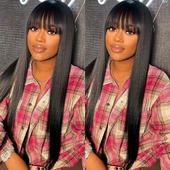 Buy 1 Get 1 Free Silk Straight Wigs With Bangs Machine Made Virgin Brazilian Hair Wig - Image 2
