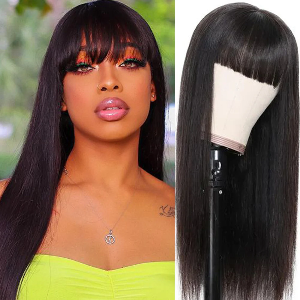 Buy 1 Get 1 Free Silk Straight Wigs With Bangs Machine Made Virgin Brazilian Hair Wig - Image 3