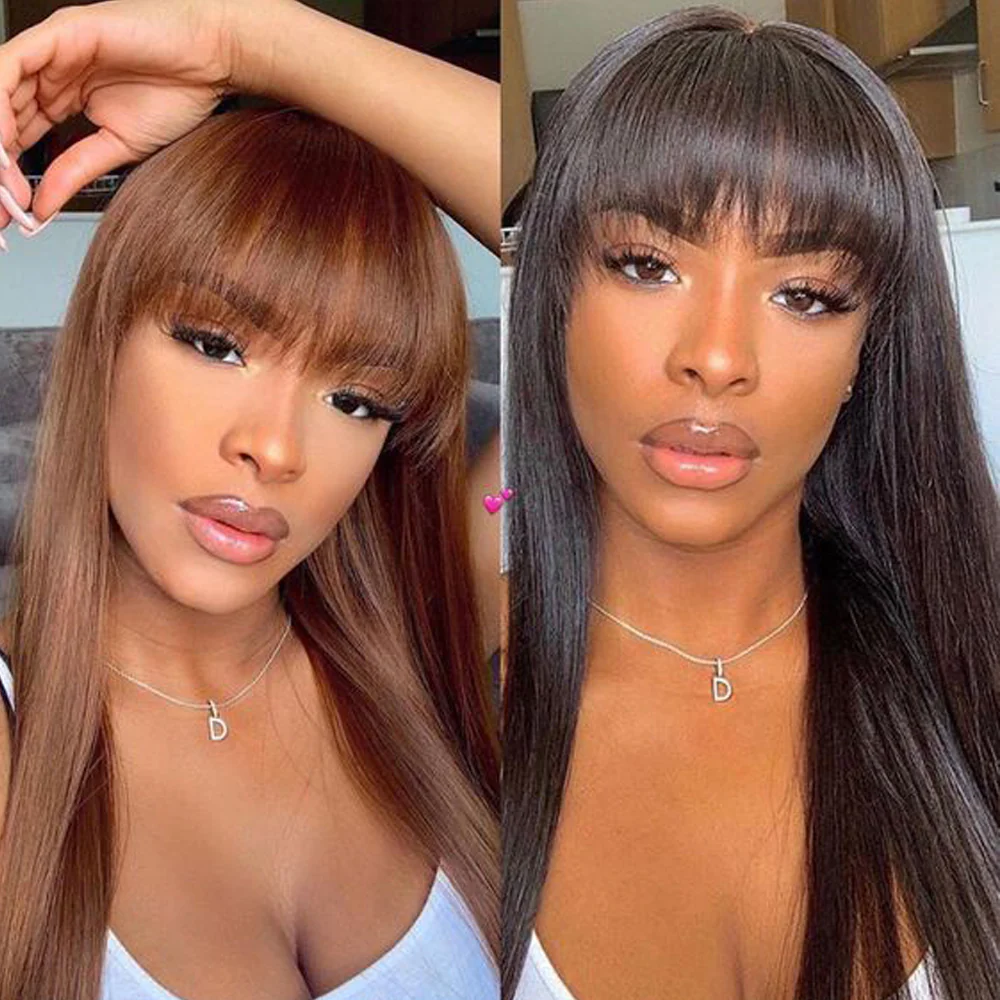 Buy 1 Get 1 Free Silk Straight Wigs With Bangs Machine Made Virgin Brazilian Hair Wig - Image 5