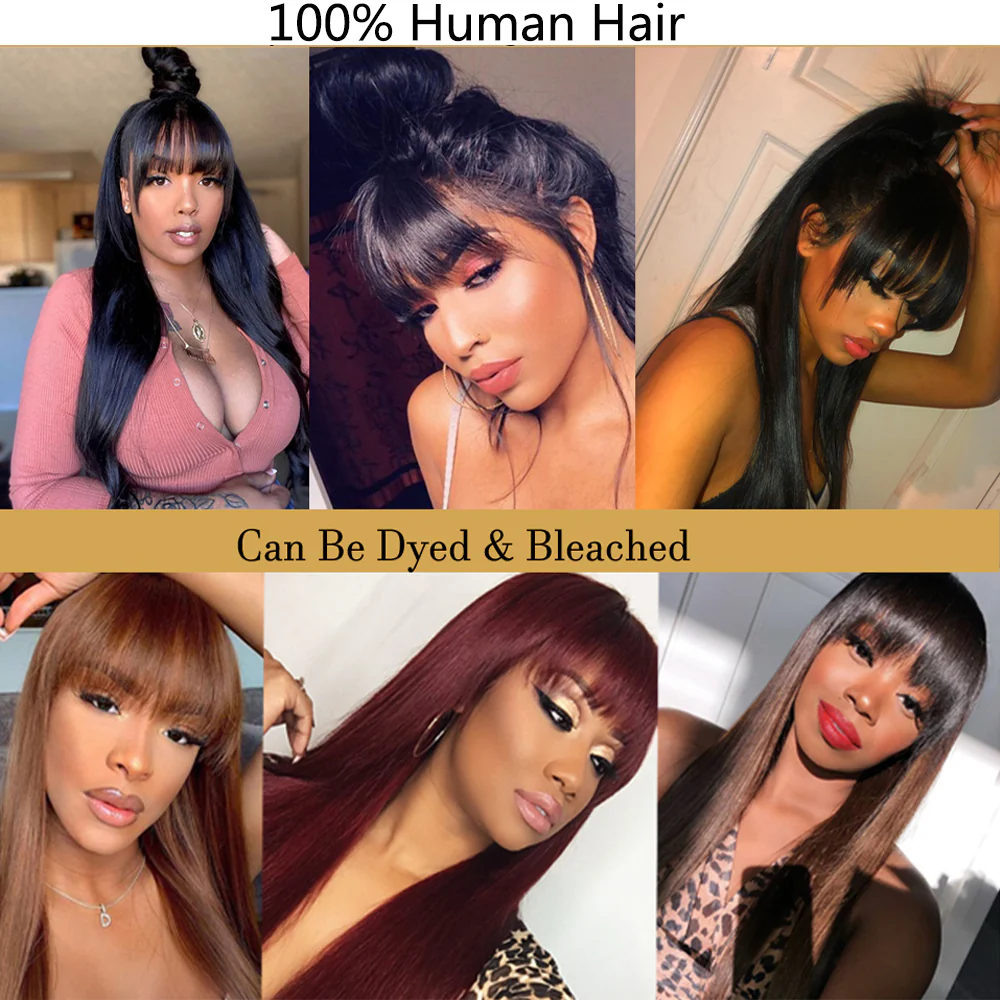 Buy 1 Get 1 Free Silk Straight Wigs With Bangs Machine Made Virgin Brazilian Hair Wig - Image 8