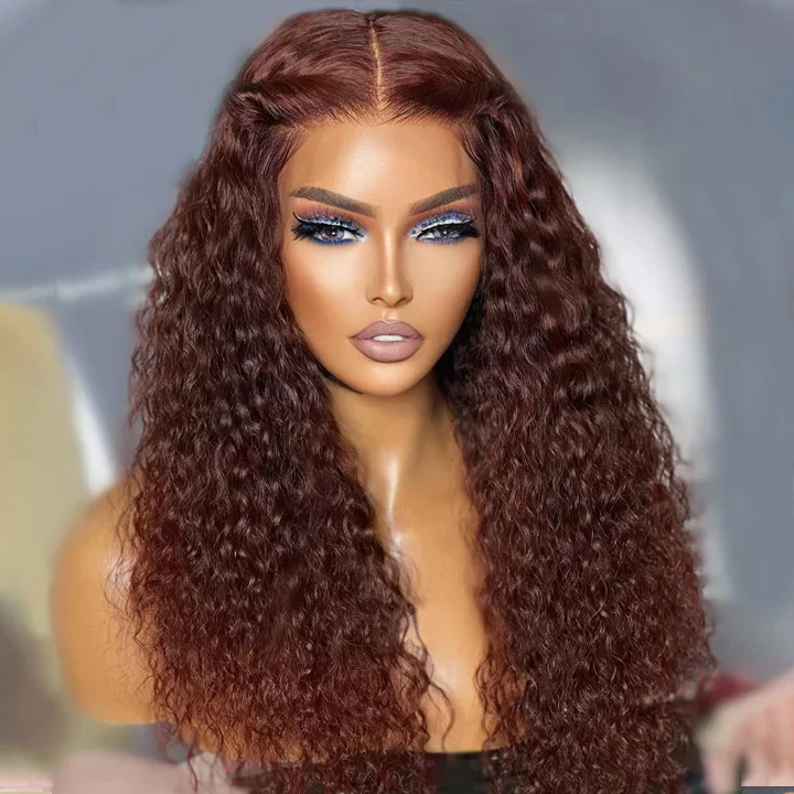 Extra 50% Off | Code: VIP50 ,Reddish Brown Curly Tranparent Lace Wigs Deep Hairline 100% Human Hair HD Clear Lace Front Wigs-Amanda Hair Flash Sale - Image 2