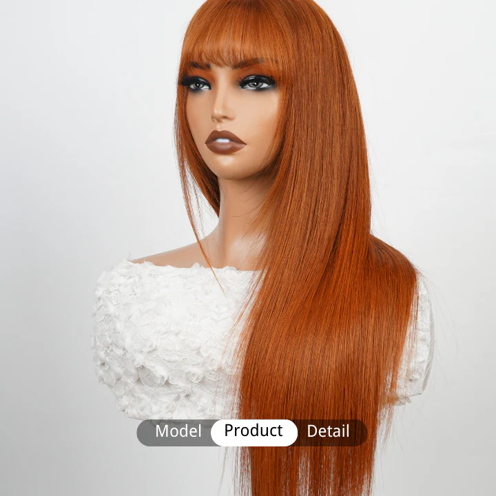 Ginger Human Hair Transparent Glueless Lace Front Straight Orange Colored Wigs with Bangs-Amanda Hair - Image 2