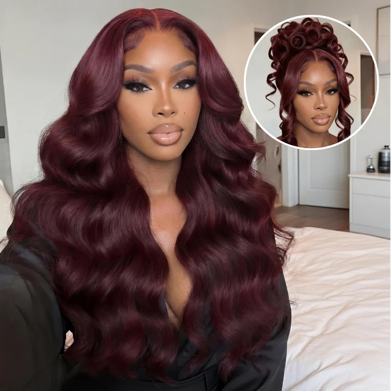 Glueless 7x5 / 13x4 Full Lace Frontal Dark 99J Burgundy Red Colored 3D Body Wave HD Transparent Lace Human Hair Wigs - Image 2