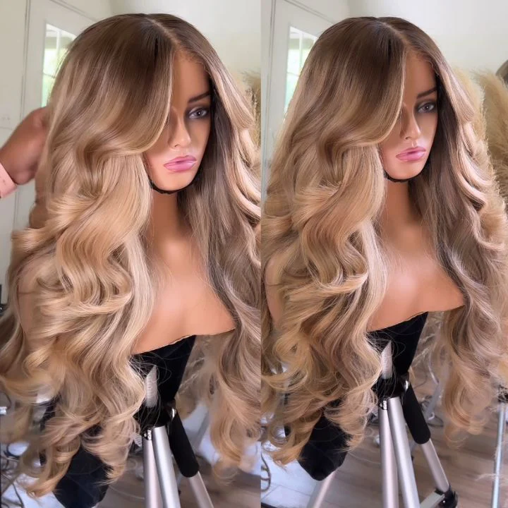 Glueless Highlight Brown Honey Blonde Lace Front 3D Body Wave Wig 100% Human Hair - Clear Transparent Lace Front/Closure Human Hair Wig- Amanda Hair