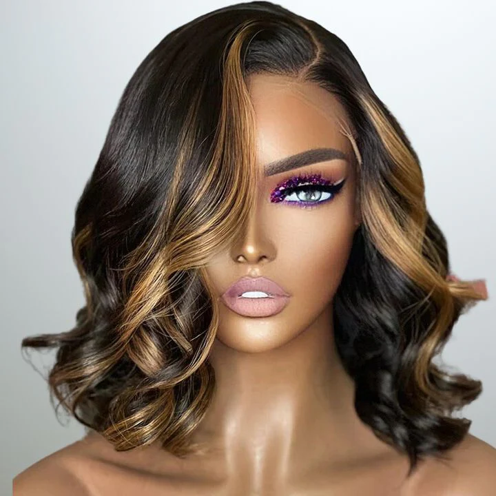 Glueless Highlight Honey Blonde Short Wavy 13x4 Lace Front Bob Wig Glueless Lace Human Hair Wig 180% Density - Amanda Hair