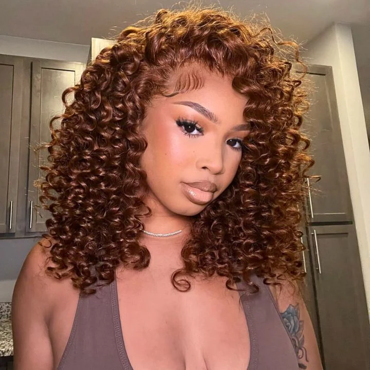 Glueless Lace Chocolate Reddish Brown Lace Front Deep Wave Wig 100% Human Hair Clear Transparent Lace Colored Wig- Amanda Hair - Image 3