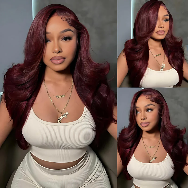 Glueless Lace Frontal Layer Body Wave Wig Human Hair Wigs Dark 99J Burgundy Red Colored Transparent Pre Plucked Hairline  - Amanda Hair