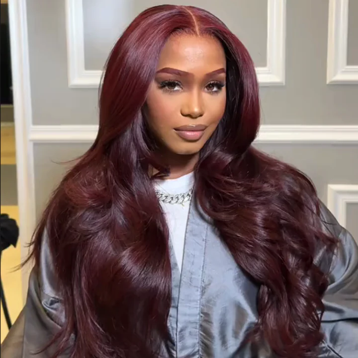 Glueless Lace Frontal Layer Body Wave Wig Human Hair Wigs Dark 99J Burgundy Red Colored Transparent Pre Plucked Hairline  - Amanda Hair - Image 2