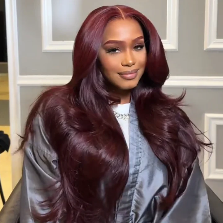 Glueless Lace Frontal Layer Body Wave Wig Human Hair Wigs Dark 99J Burgundy Red Colored Transparent Pre Plucked Hairline  - Amanda Hair - Image 4
