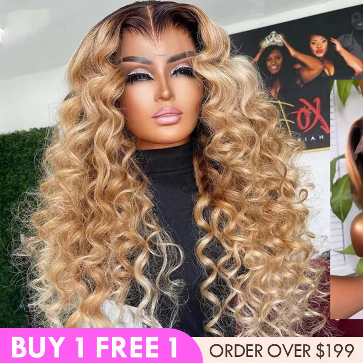 Glueless Ombre Honey Blonde Colored Deep Wave Transparent 180% Density 13x4 Lace Front Human Hair Wigs Human Hair Wigs for Women-Amanda Hair