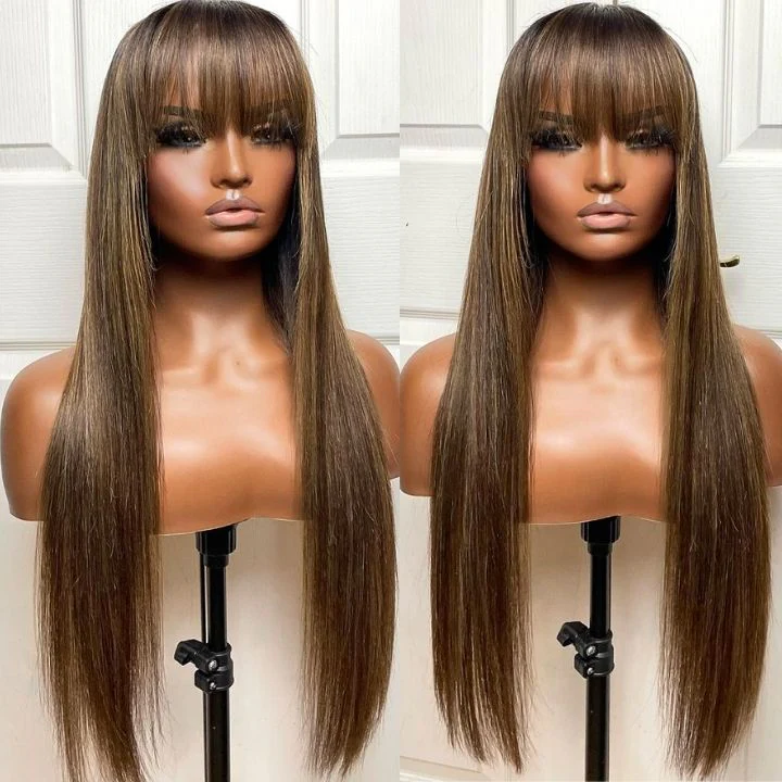 Glueless Transparent Lace Closure Straight Wigs with Cute Bangs Human Hair 7x5 Lace Part Highlight Colored Light brown Mix Warm Blonde Wig-Amanda Hair