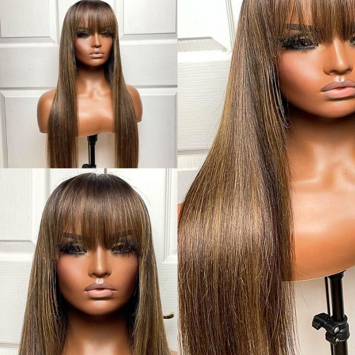 Glueless Transparent Lace Closure Straight Wigs with Cute Bangs Human Hair 7x5 Lace Part Highlight Colored Light brown Mix Warm Blonde Wig-Amanda Hair - Image 2