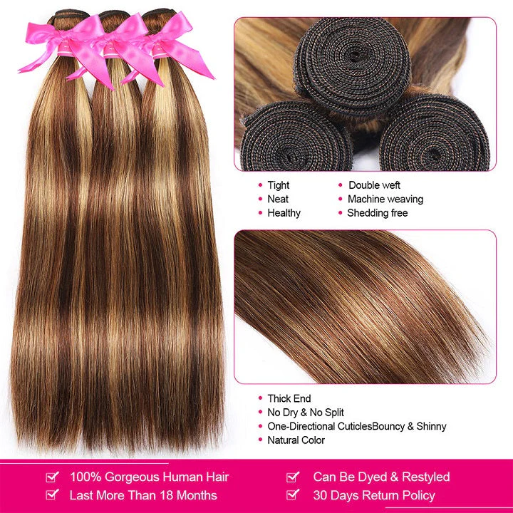 Highlight Brown 3 Bundles Straight Human Hair With Closure Ombre Honey Blonde -Amandahair - Image 2