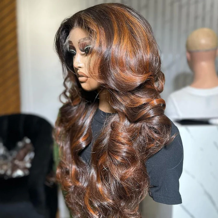 Highlight Brown 7x5/13x4 Full Lace Loose Wave Wigs with Curtain Bangs Human Hair Undetectable Clear Transparent Lace Wigs - Amanda Hair - Image 2