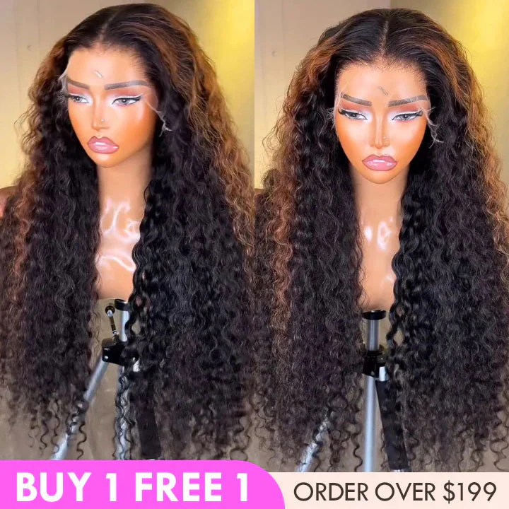 Highlight Color Light Brown Curly Clear HD Lace Front/Closure Wig Pre Plucked Brazilian Human Hair Deep wave Wig - Amanda Hair