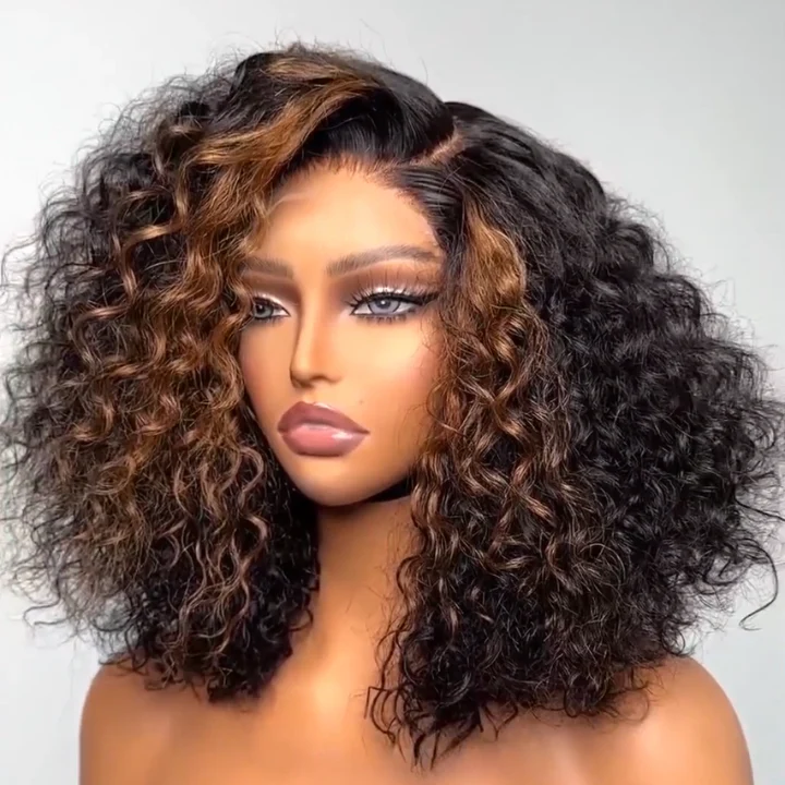 Highlight Curly Bob Lace Wig Brown with Black Ombre Color Wig Human Hair Pre Plucked-Amanda Hair - Image 3
