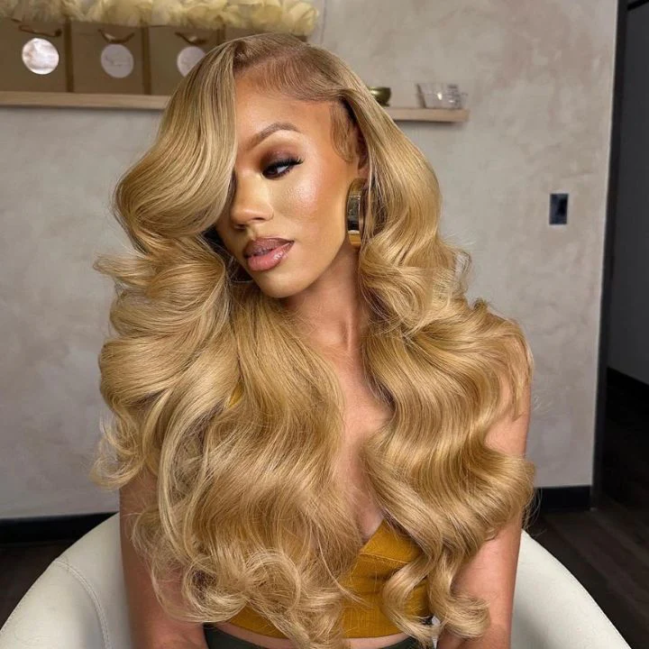 Honey Blonde Body Wave #27 Color Glueless  Lace Front Human Hair Wigs for Women 180% Density